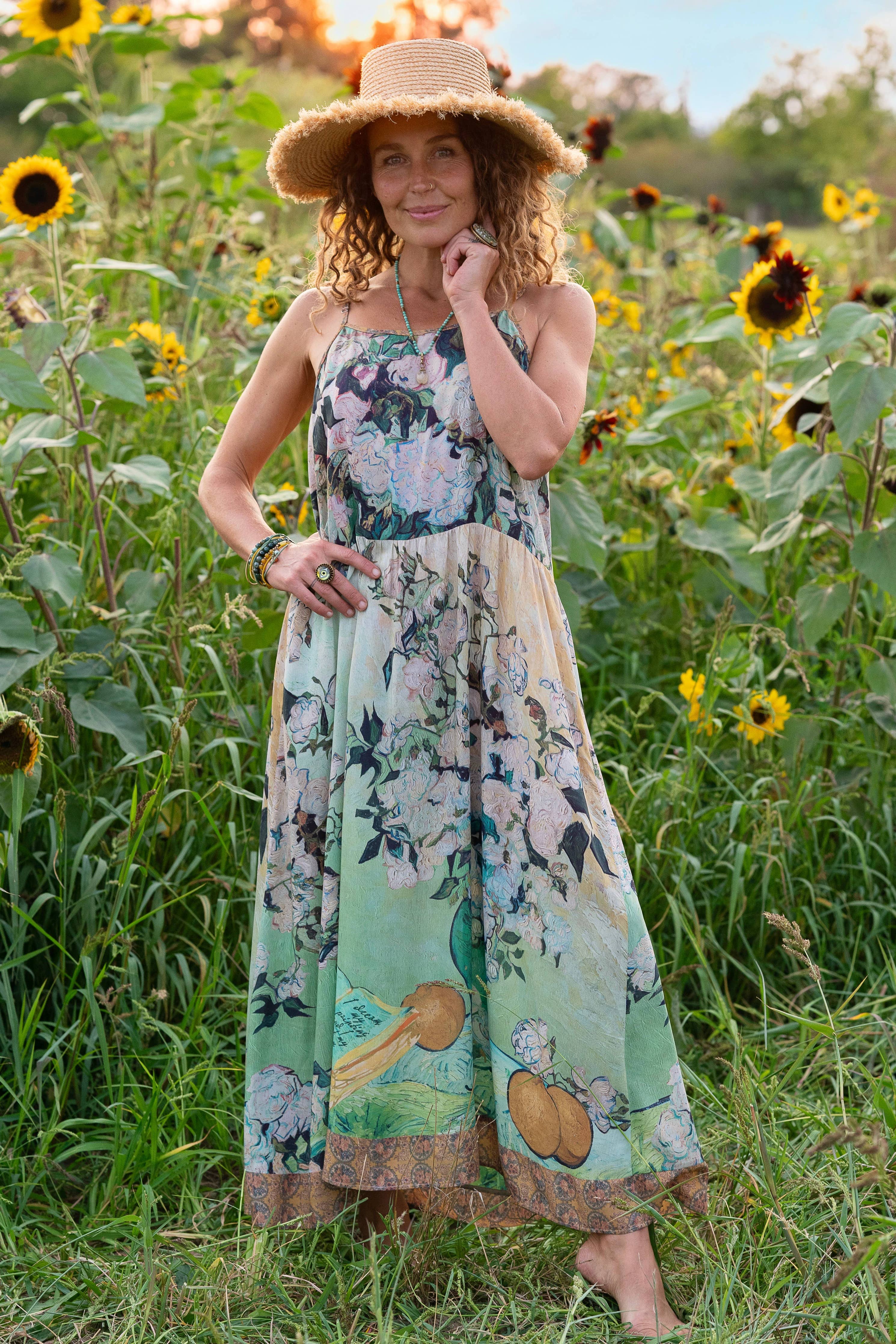 I Paint My Dream Van Gogh Bohéme Long Maxi Slip Dress - Out of the Blue