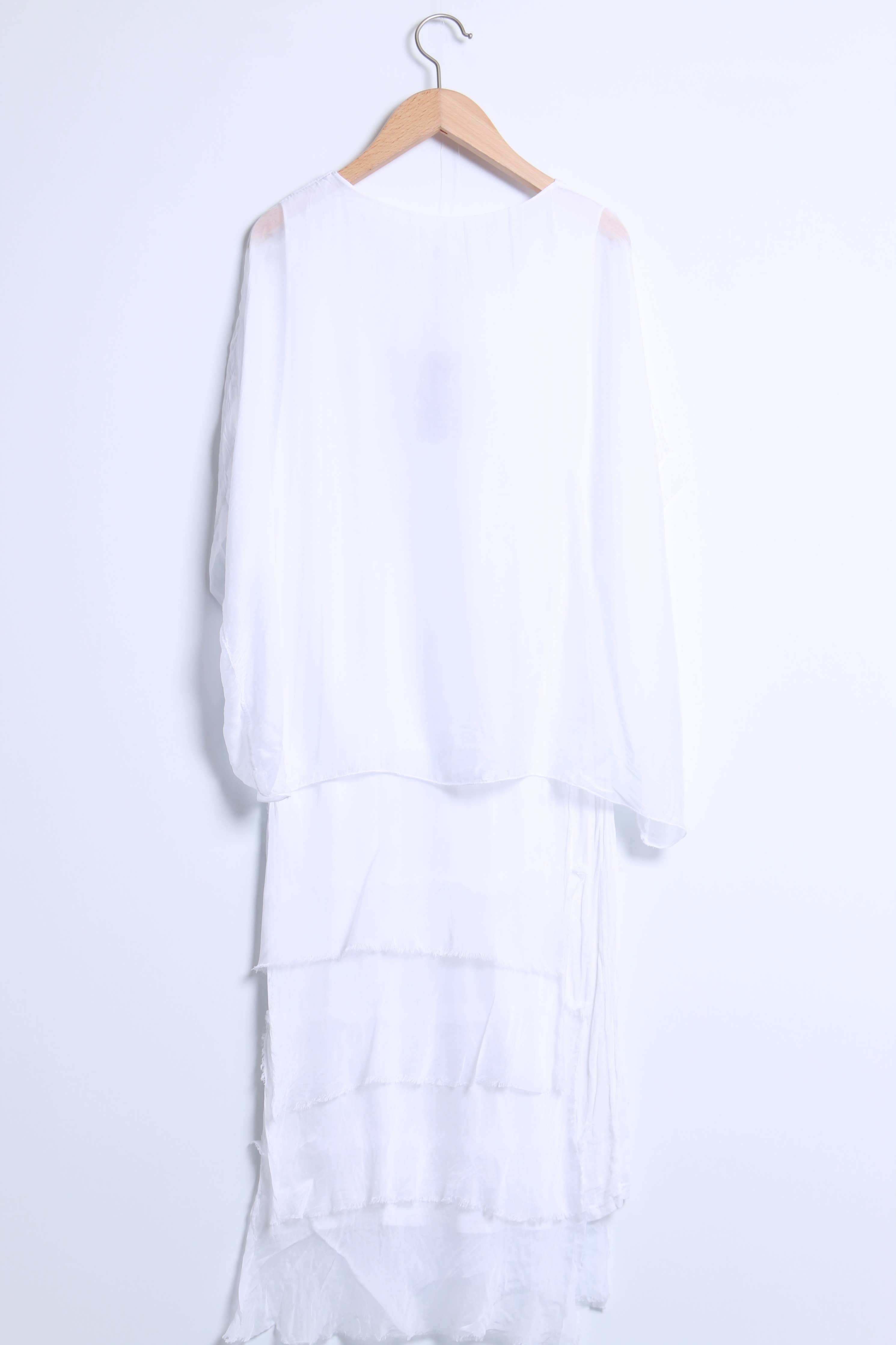 Flowy long dress with layered ruffles and 3/4 sleeves 30498 - Out of the Blue