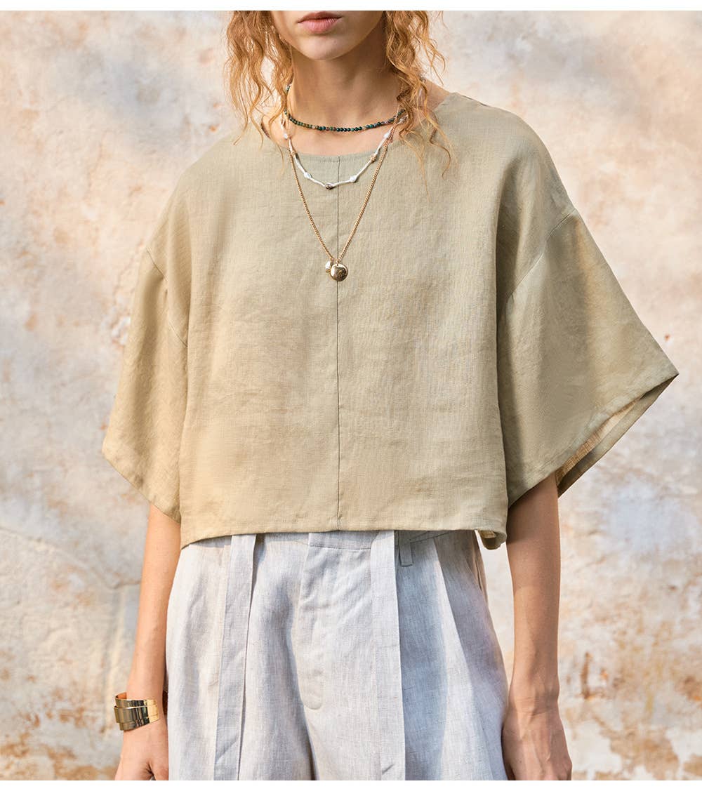 100% Linen Bell Sleeve Top - Out of the Blue