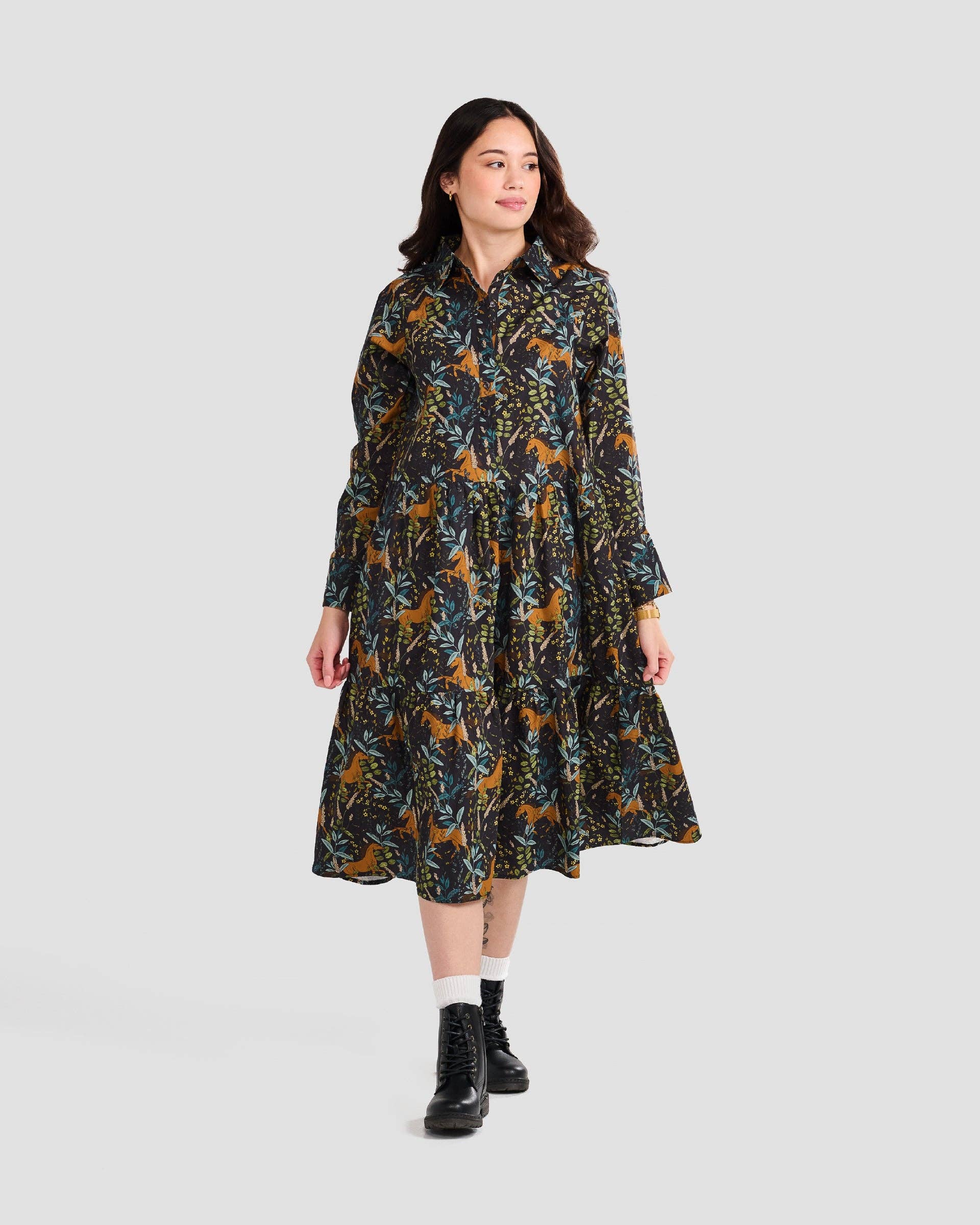 Wild Horses Printed Flared Pocket Shirt Dress - Out of the Blue