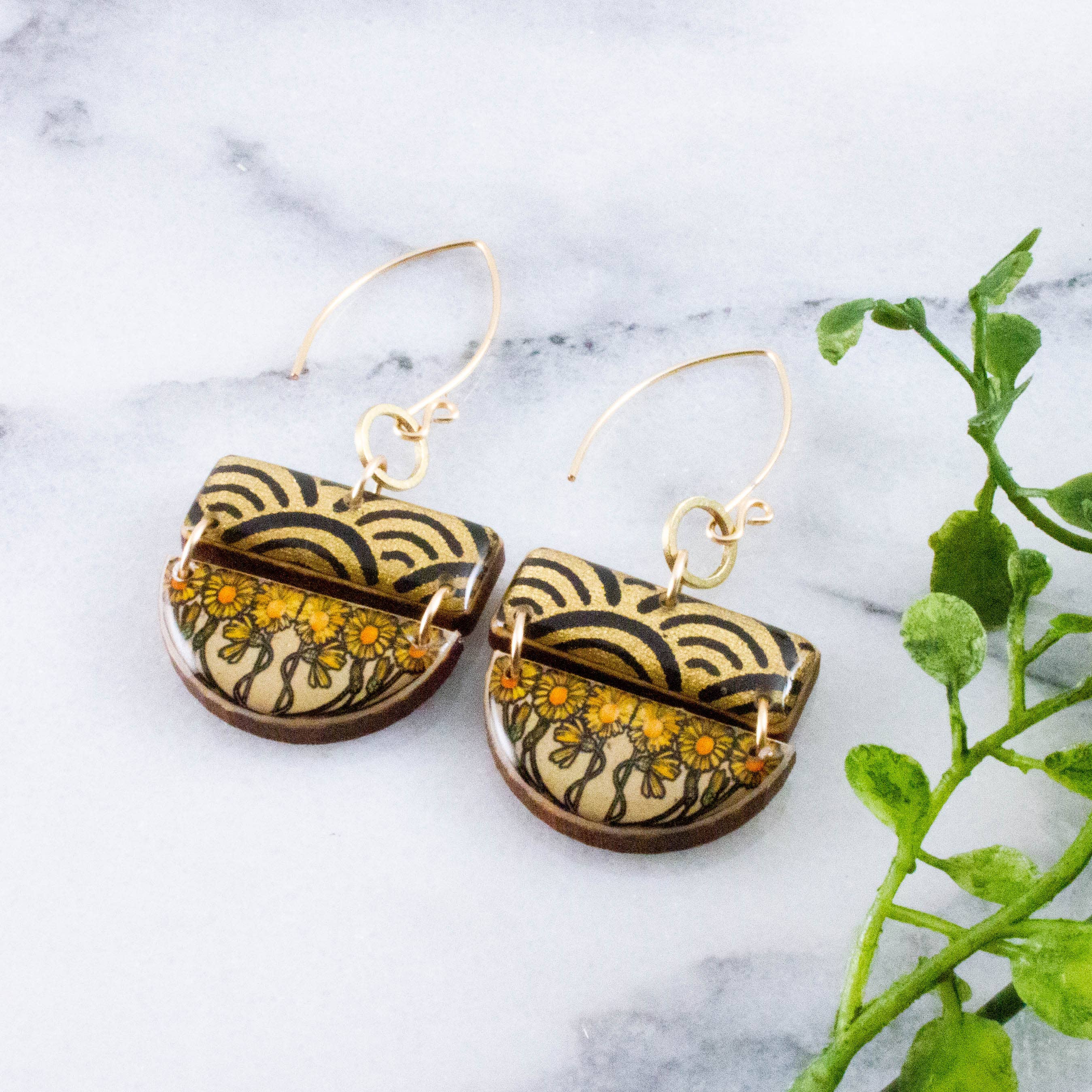 Art Nouveau Sunflower Stacked Half Circle Earrings - Out of the Blue