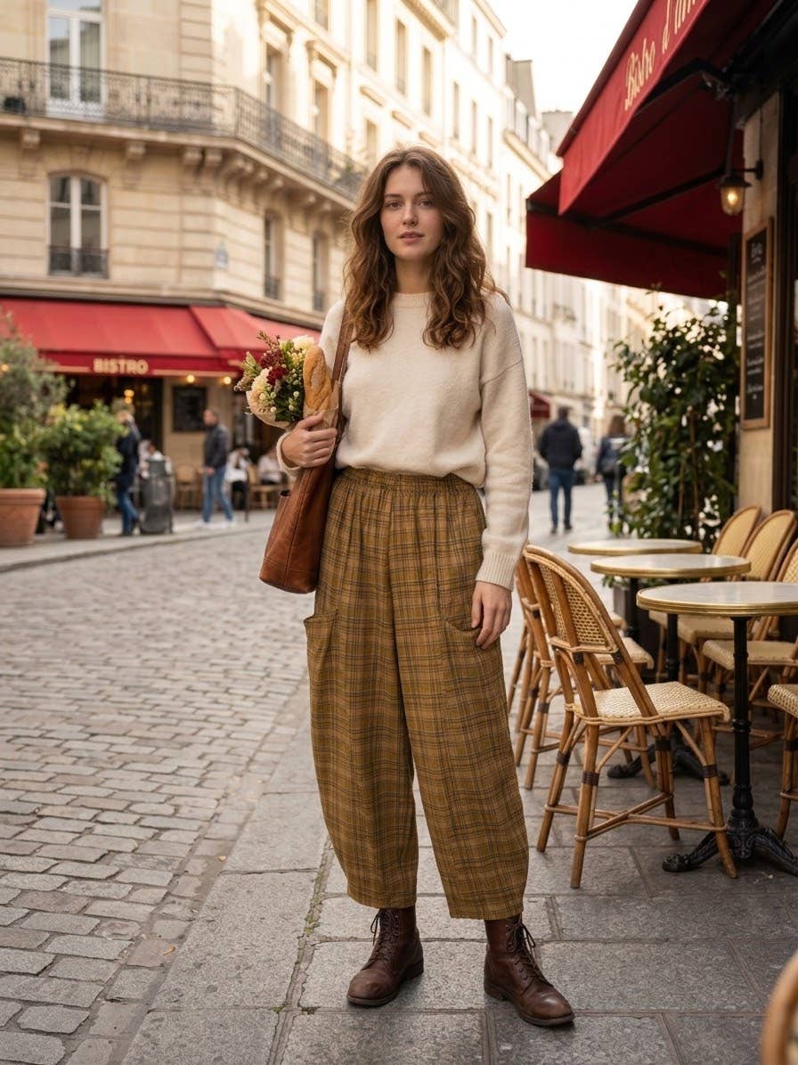 A woman stands on a cobblestone street in front of a Parisian-style cafe, wearing a cream knit sweater and brown plaid cropped trousers, holding a brown leather tote bag and a small bouquet of flowers.