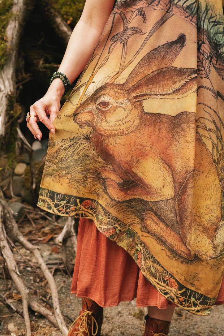 Woodland Wisdom Bohemian Scarf with Florals, Rabbit & Moths - Out of the Blue