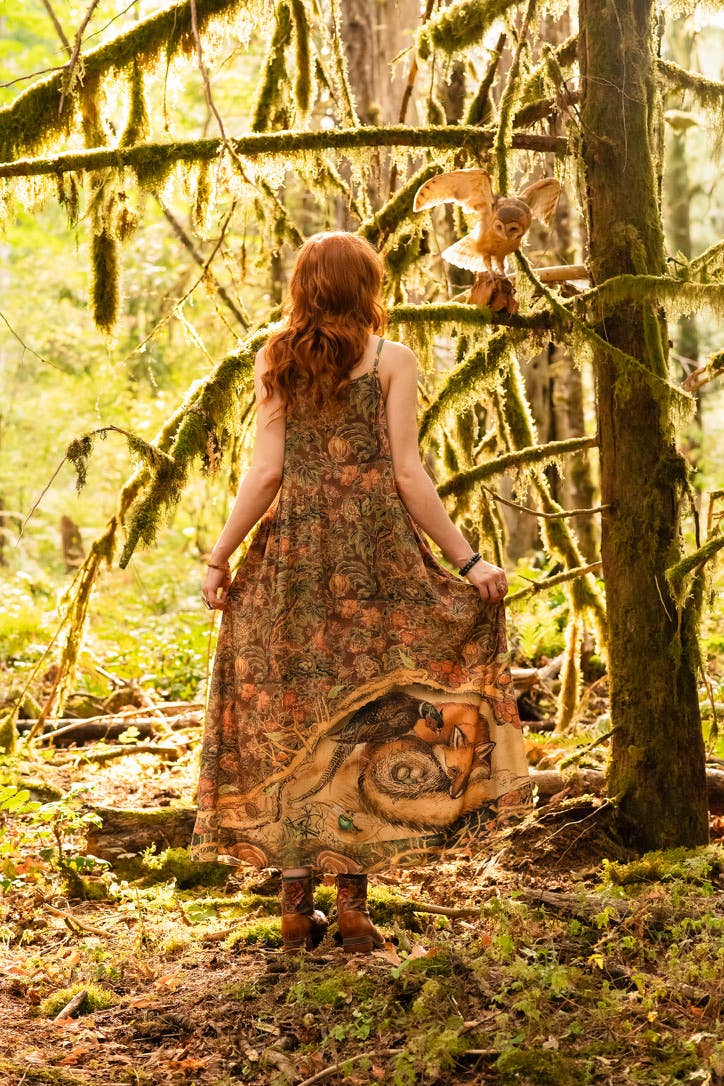 Woodland Wisdom Bohéme Maxi Slip Dress w/ Florals, Fox & Owl - Out of the Blue
