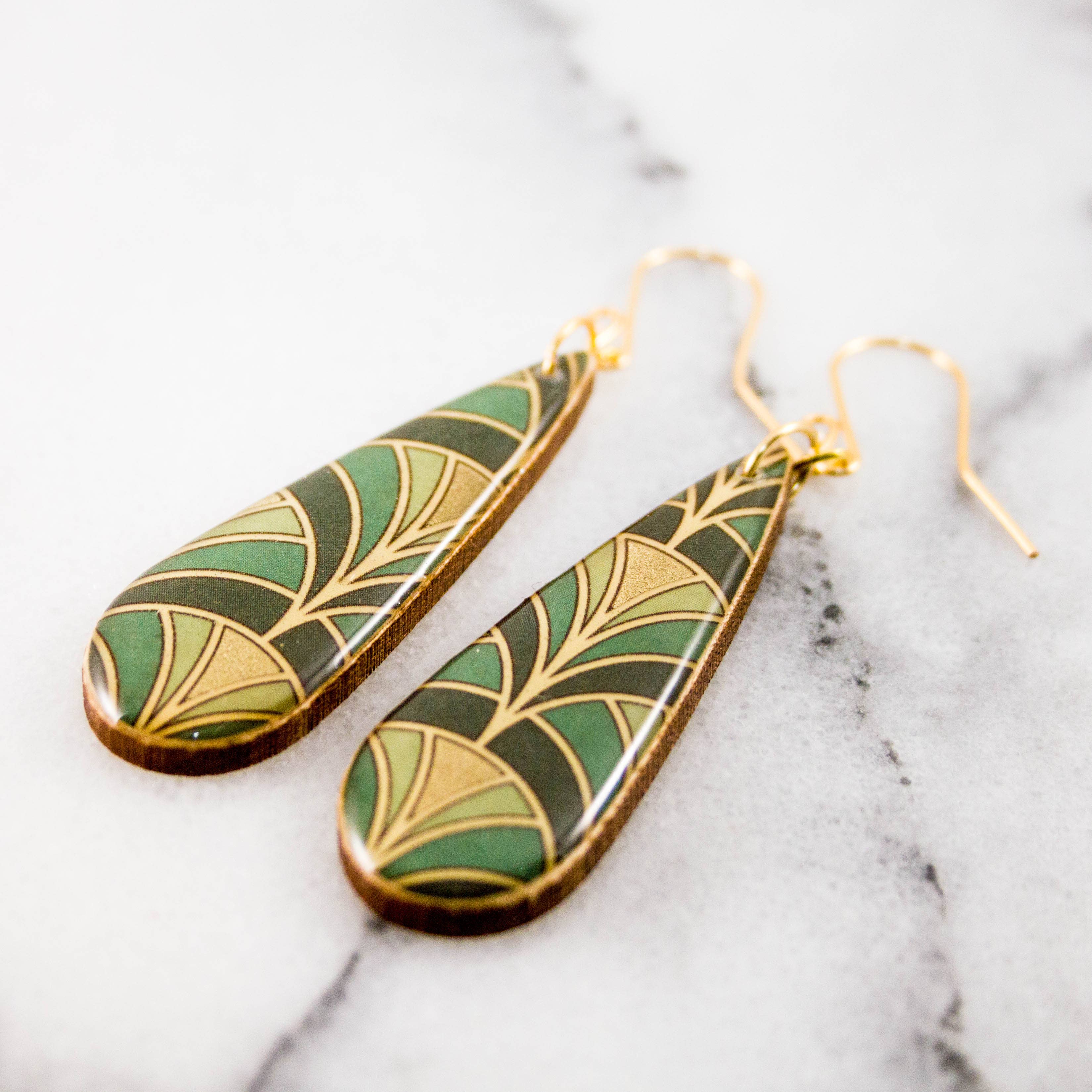 Green + Gold Deco Fan Teardrop Earrings - Out of the Blue