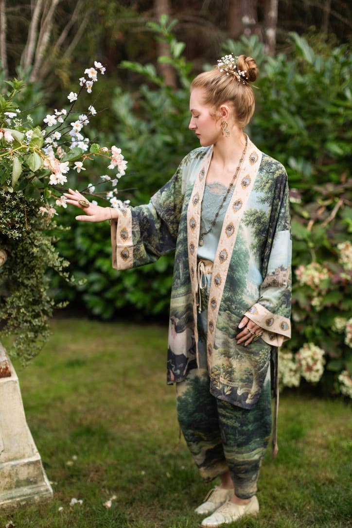 The Mythmaker Matinée Duster Kimono w/ landscape & unicorn - Out of the Blue