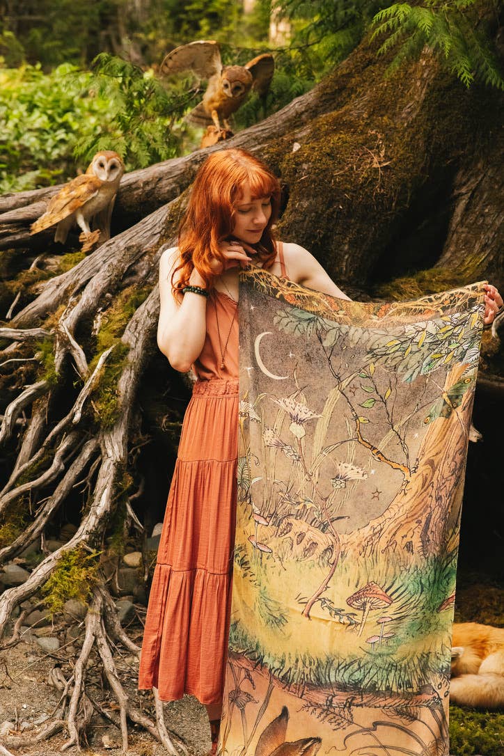 Woodland Wisdom Bohemian Scarf with Florals, Rabbit & Moths - Out of the Blue