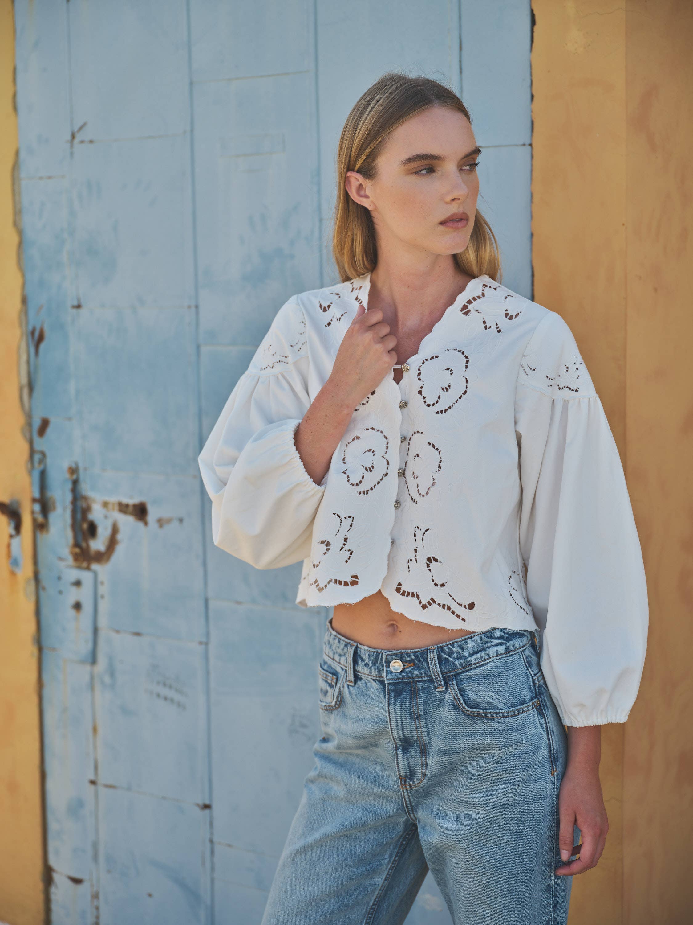 DENIM EMBROIDERY BLOUSE - Out of the Blue