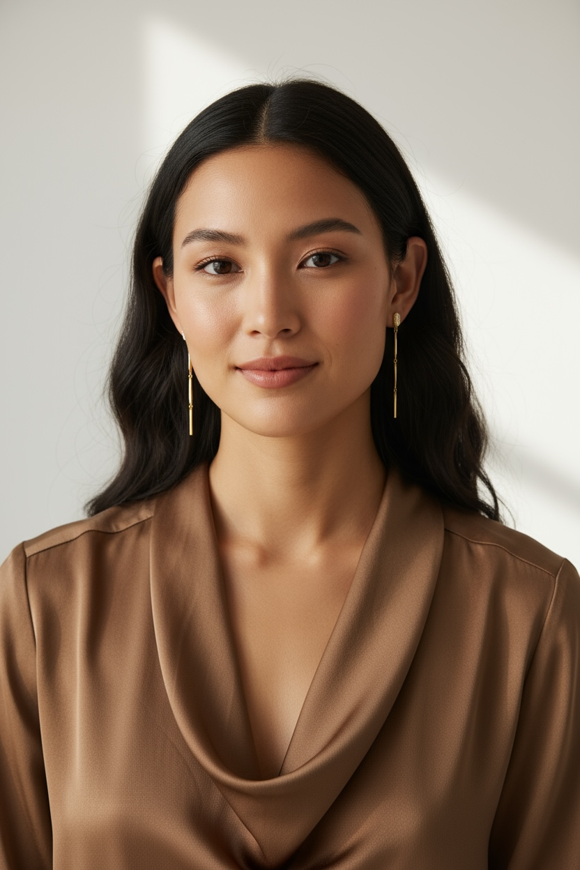 Woman wearing a brown top with a plain background