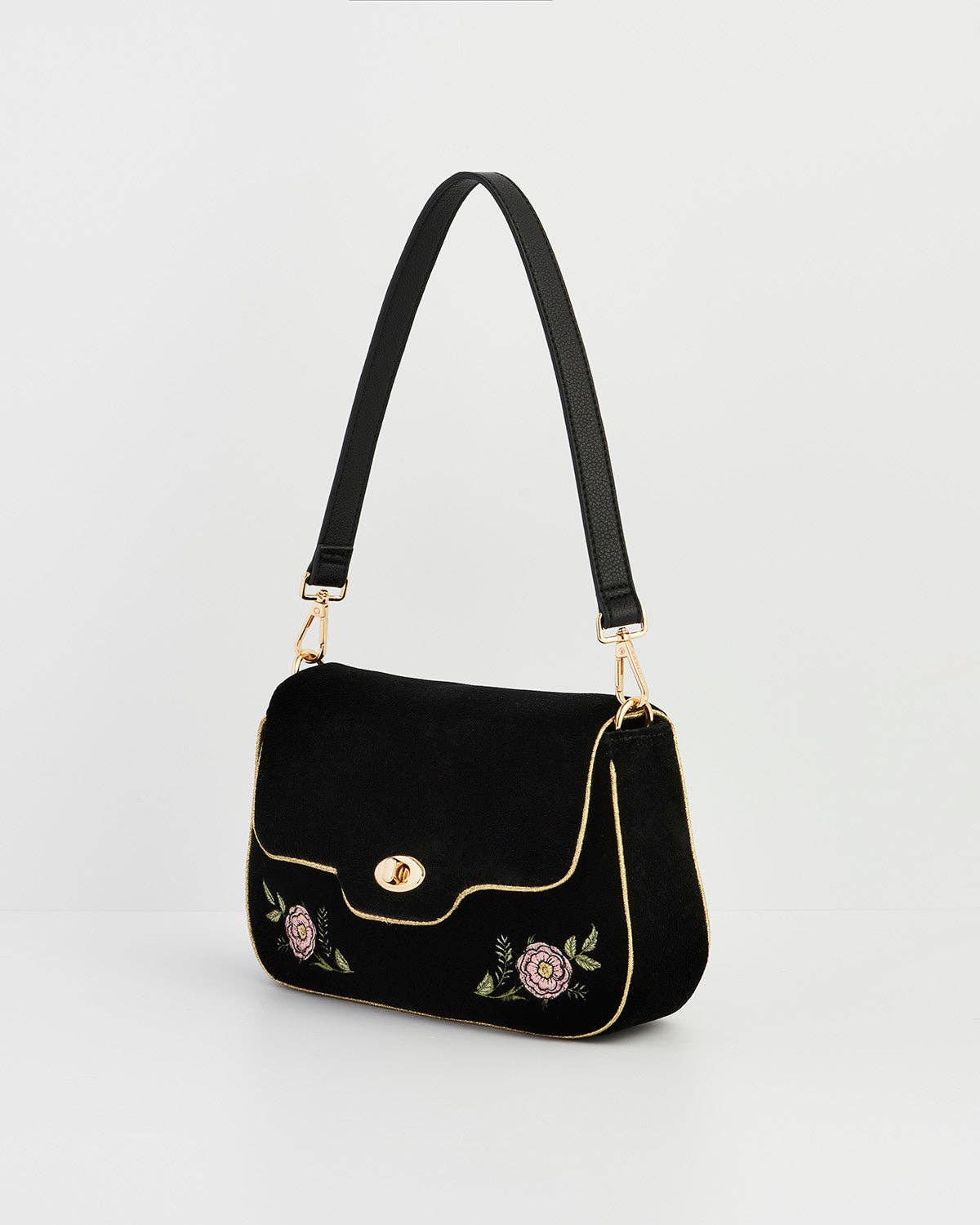 Rose Embroidered Black Clutch