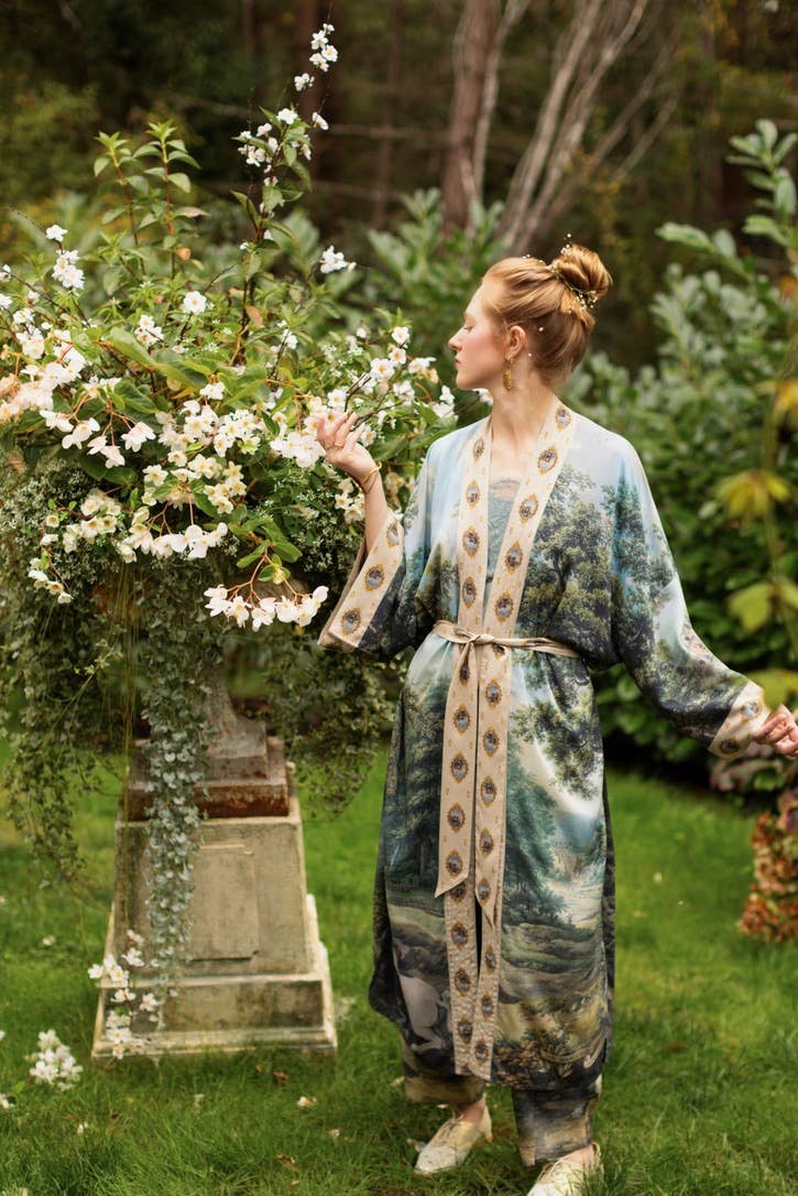 The Mythmaker Opera Duster Kimono Robe w Landscape & Unicorn - Out of the Blue