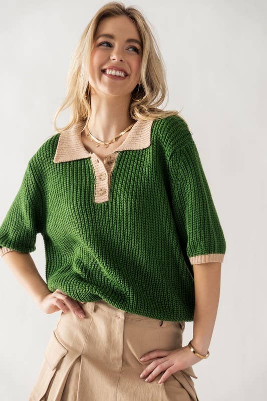 TWO-TONE BUTTON KNIT SWEATER