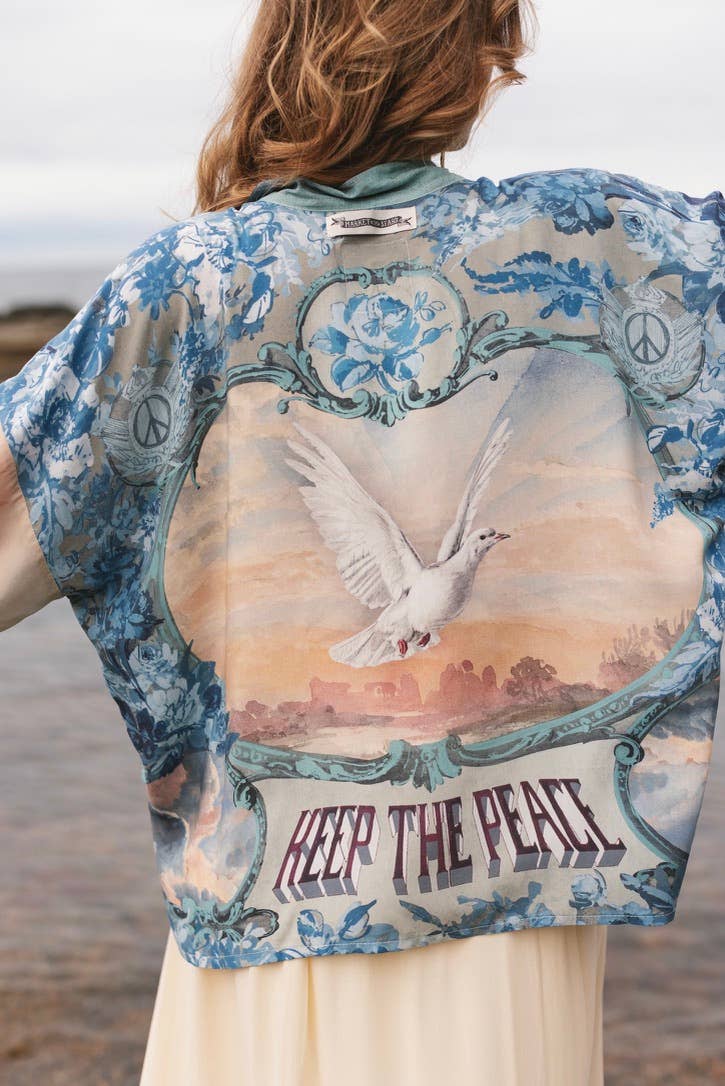 Peace Out Cropped Kimono Pixie Duster with Doves and Sunrise - Out of the Blue