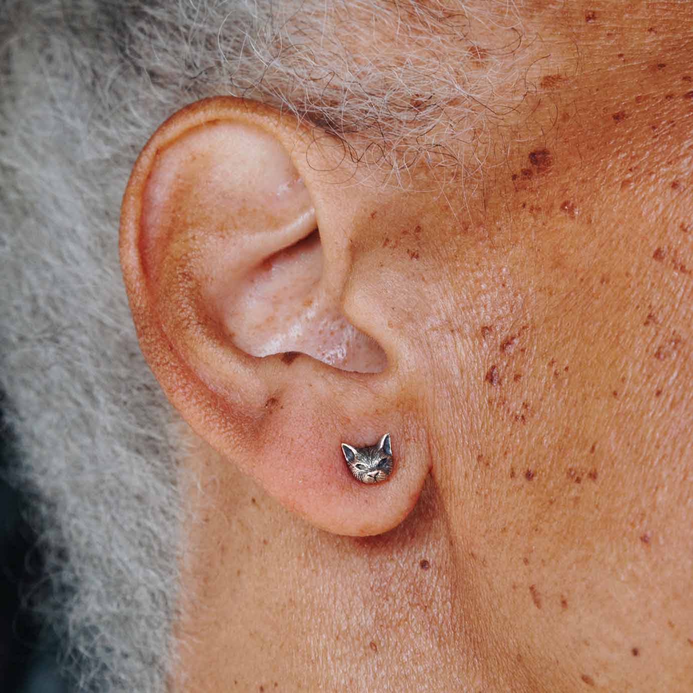 Sterling Silver or Bronze 3D Cat Head Post Earrings 6x7mm - Out of the Blue