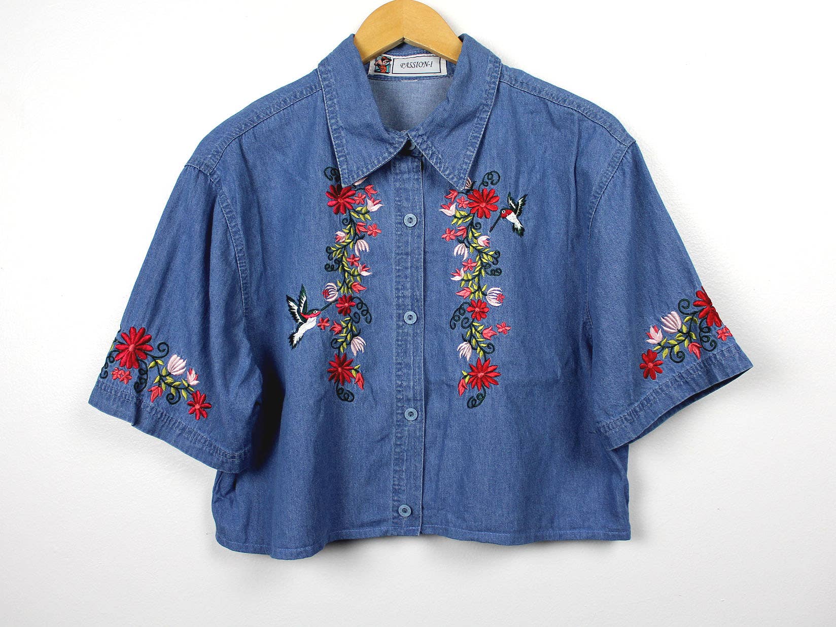 Reworked Vintage Denim Button-Up Shirt - Cropped - Out of the Blue