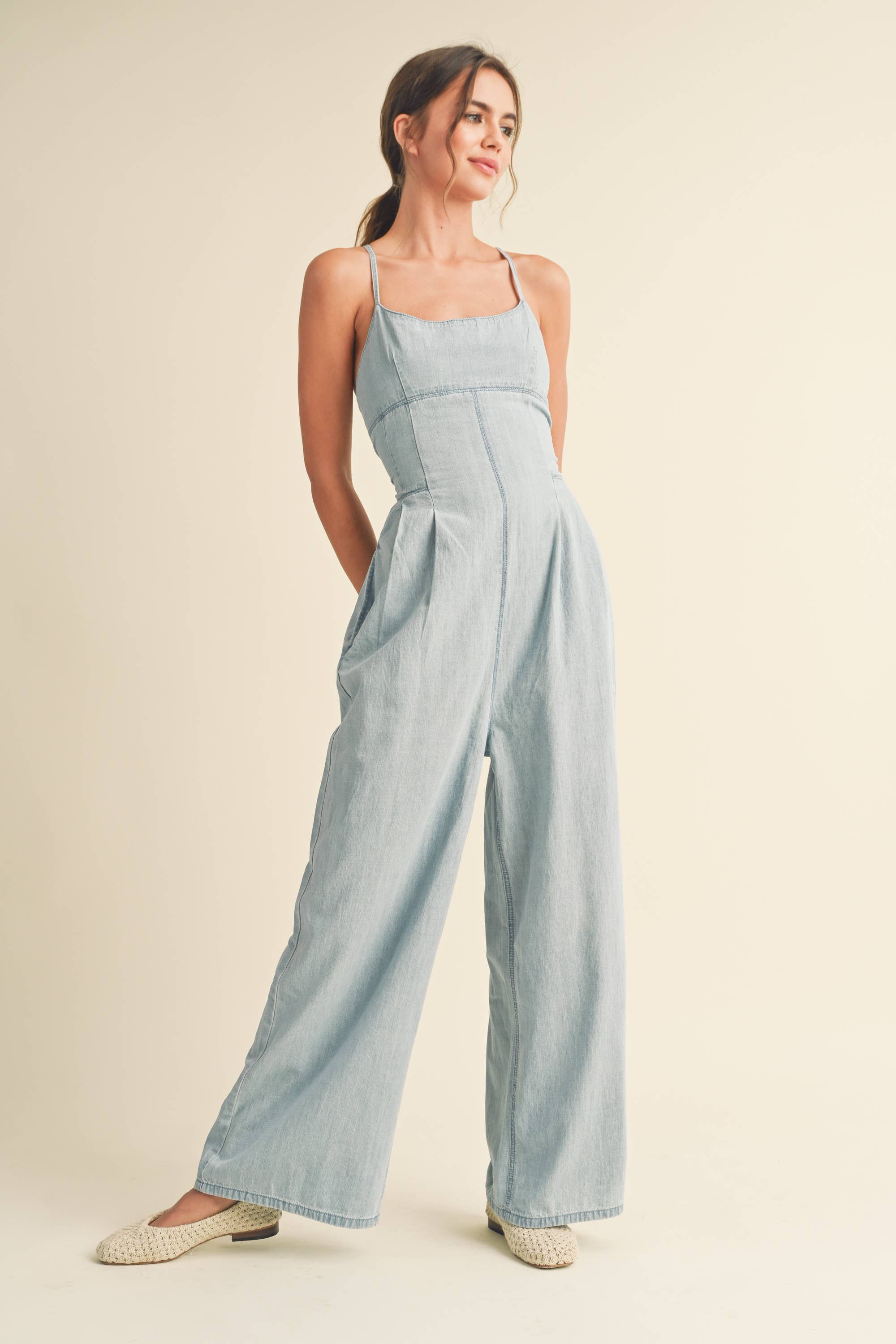 JU3702  WASHED DENIM JUMPSUIT - Out of the Blue