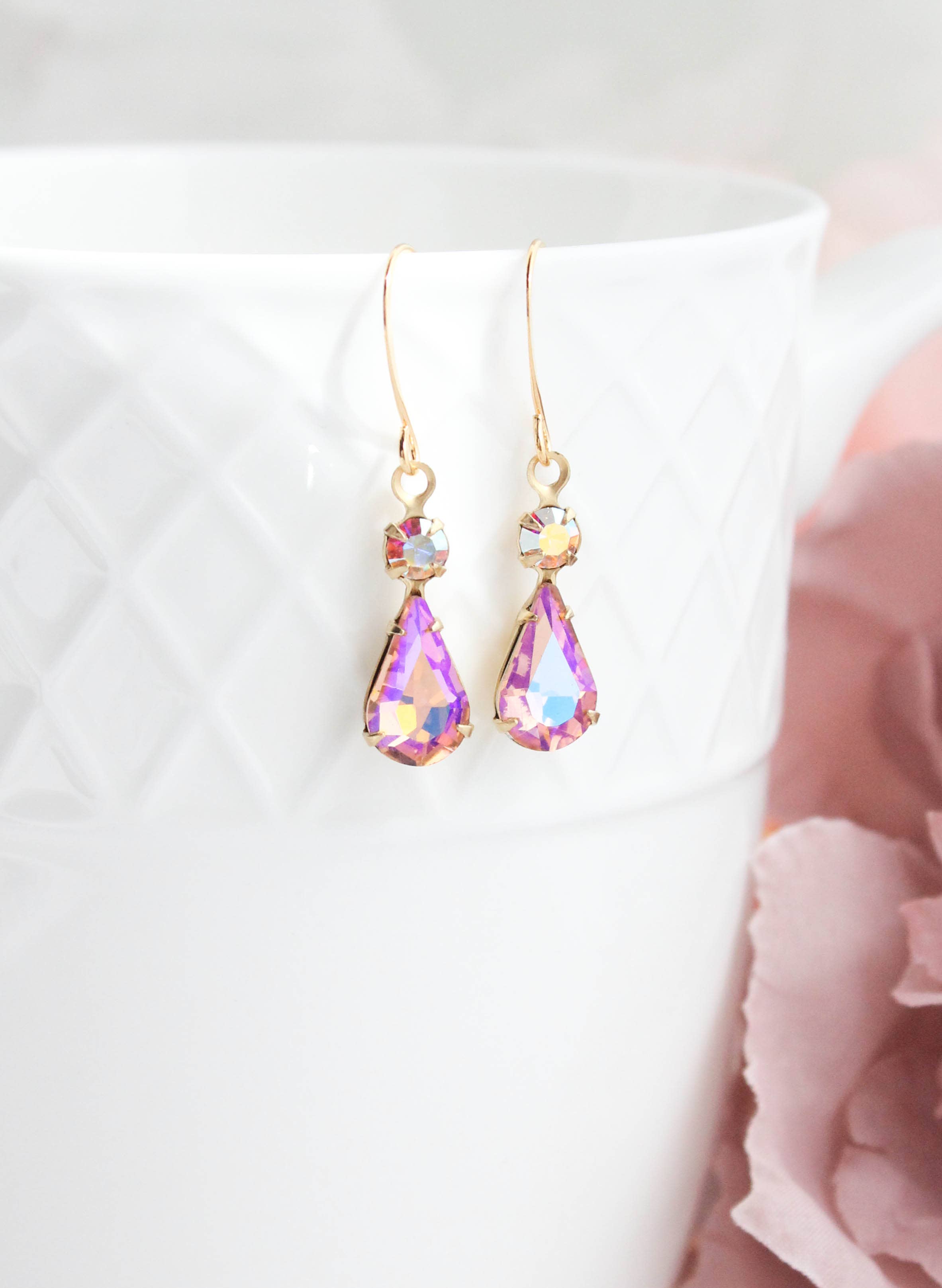 Vintage Glass Teardrop Earrings - Aurora - Rose Pink - Out of the Blue