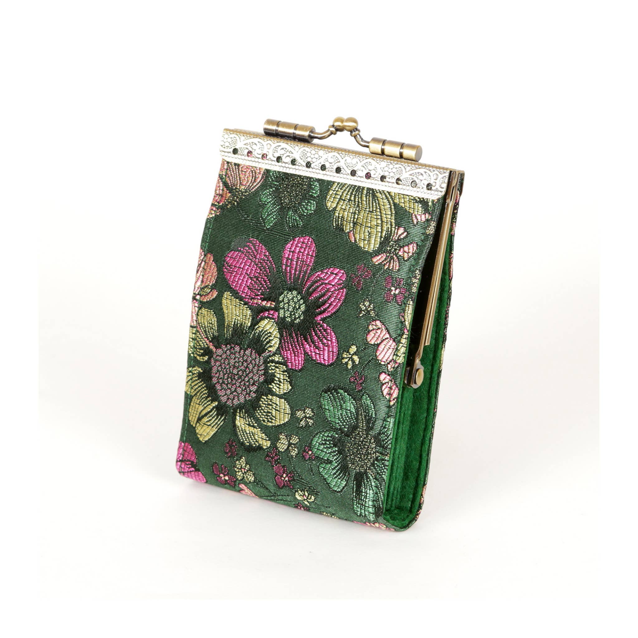 Bamboo Leaves, Brocade Card Holder with RFID Protection: Green & Pink Floral - Out of the Blue