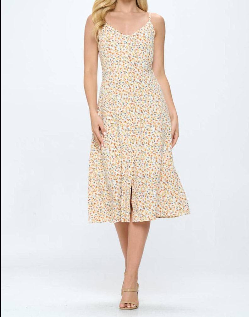 COLORFUL FLORAL PRINT MIDI  DRESS WHITE - Out of the Blue