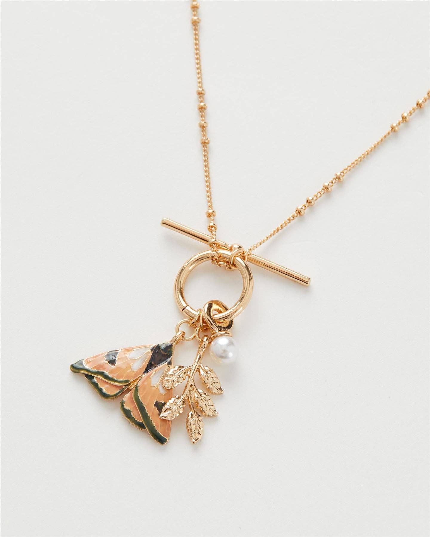 Enamel Moth & Leaf Charm Necklace: Matchbox - Out of the Blue
