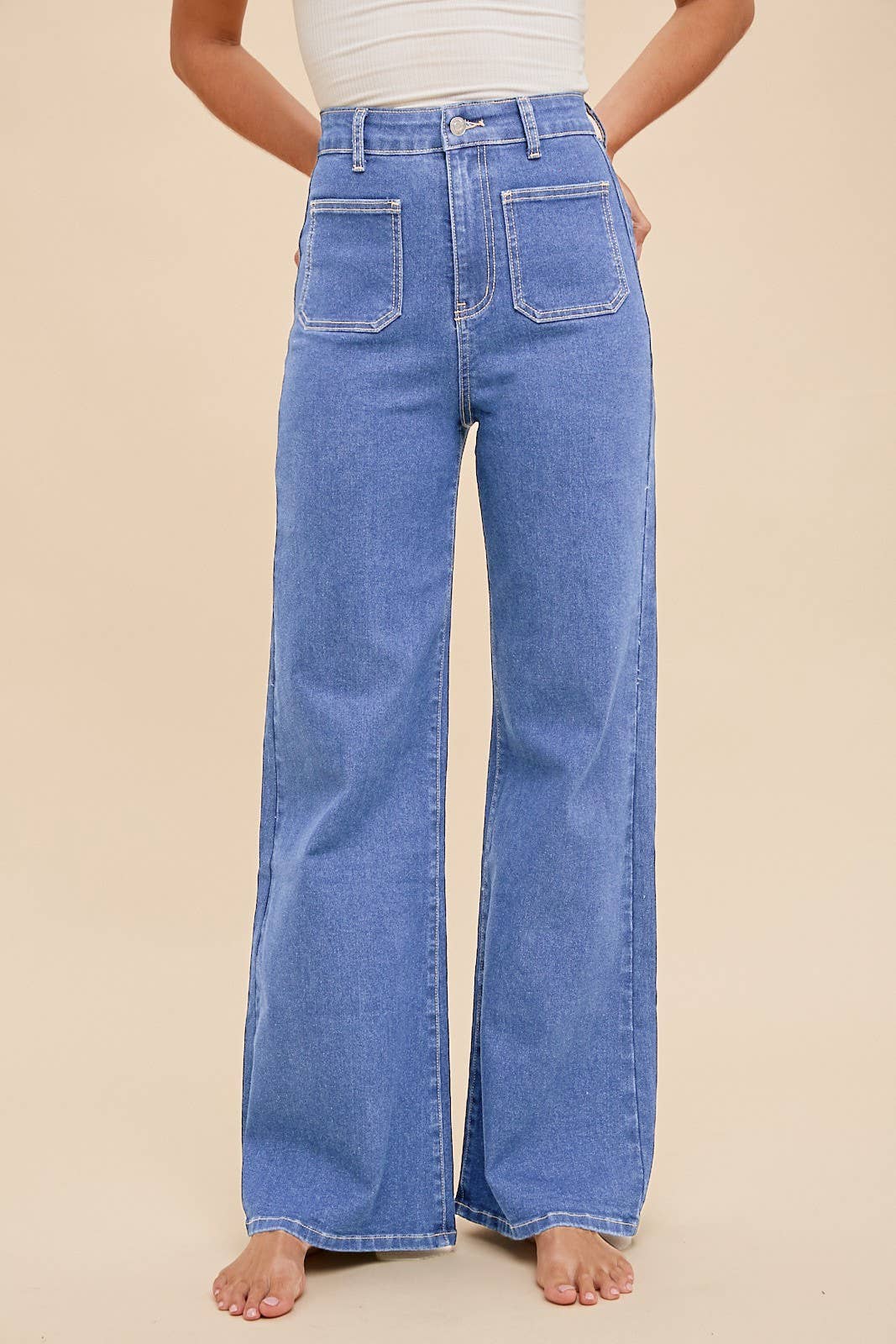FRONT TWO POCKET STRETCH WIDE LEG DENIM JEANS - Out of the Blue