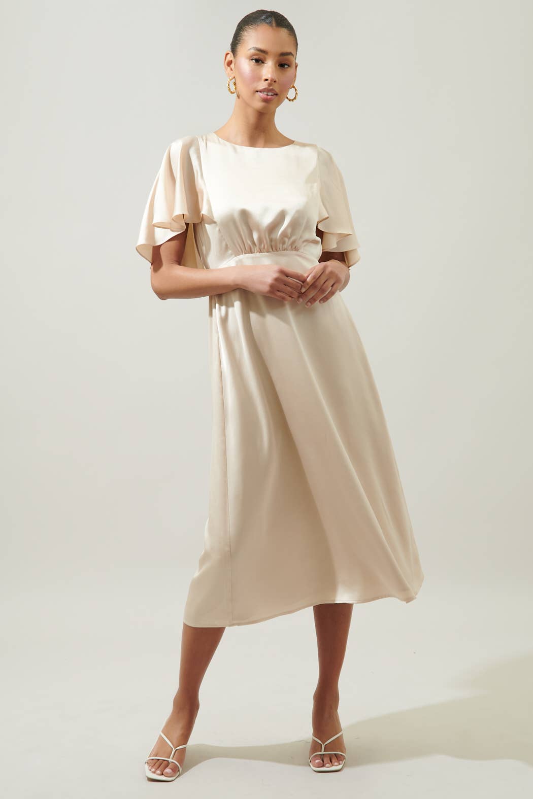 Chateau Satin Allegria Flutter Sleeve Midi Dress: Champagne / XS - Out of the Blue