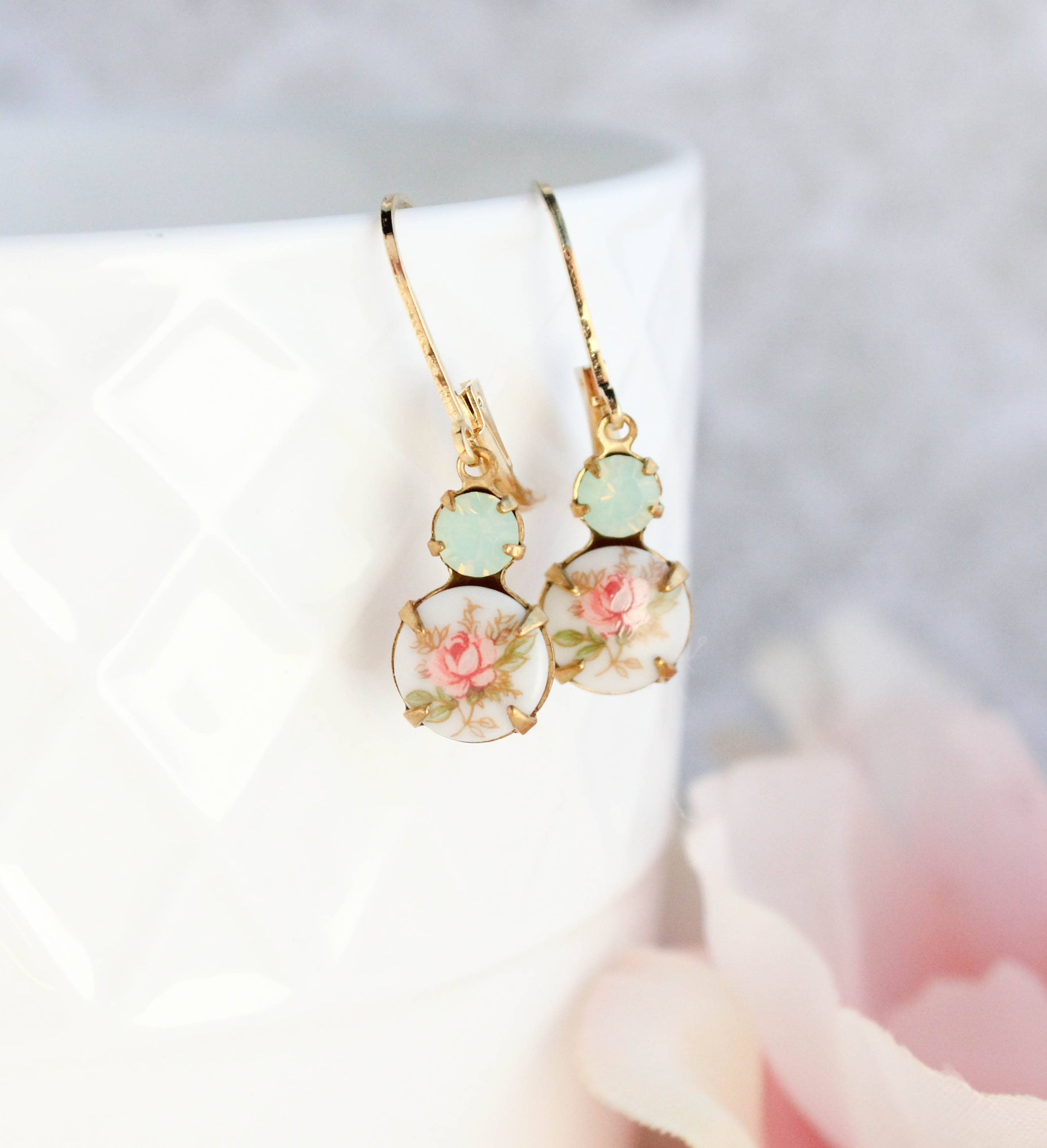 Small Drop Earrings - Vintage Glass - Pink Rose and Mint - Out of the Blue