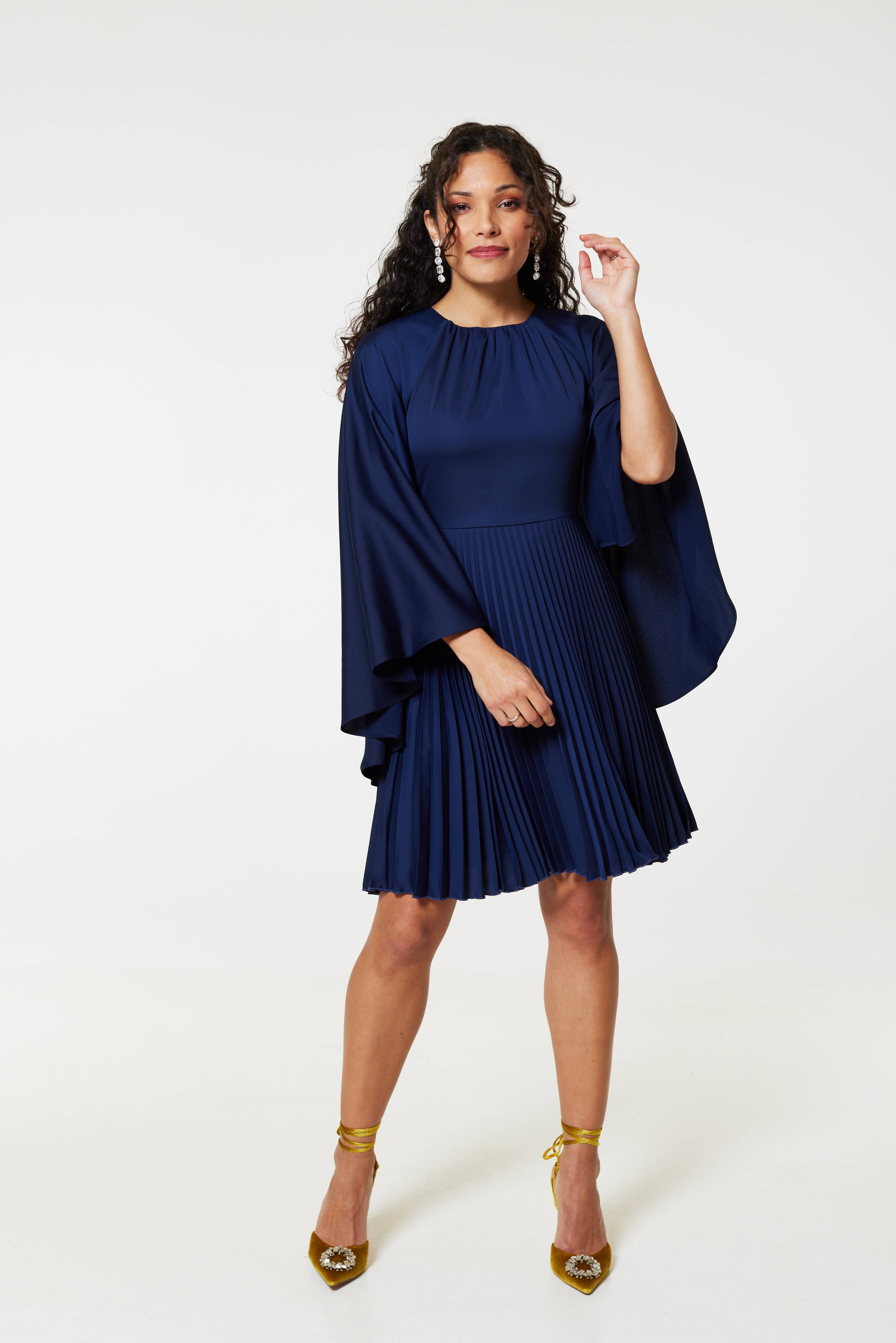 Closet London Pleated Cape Dress D9756 - Out of the Blue