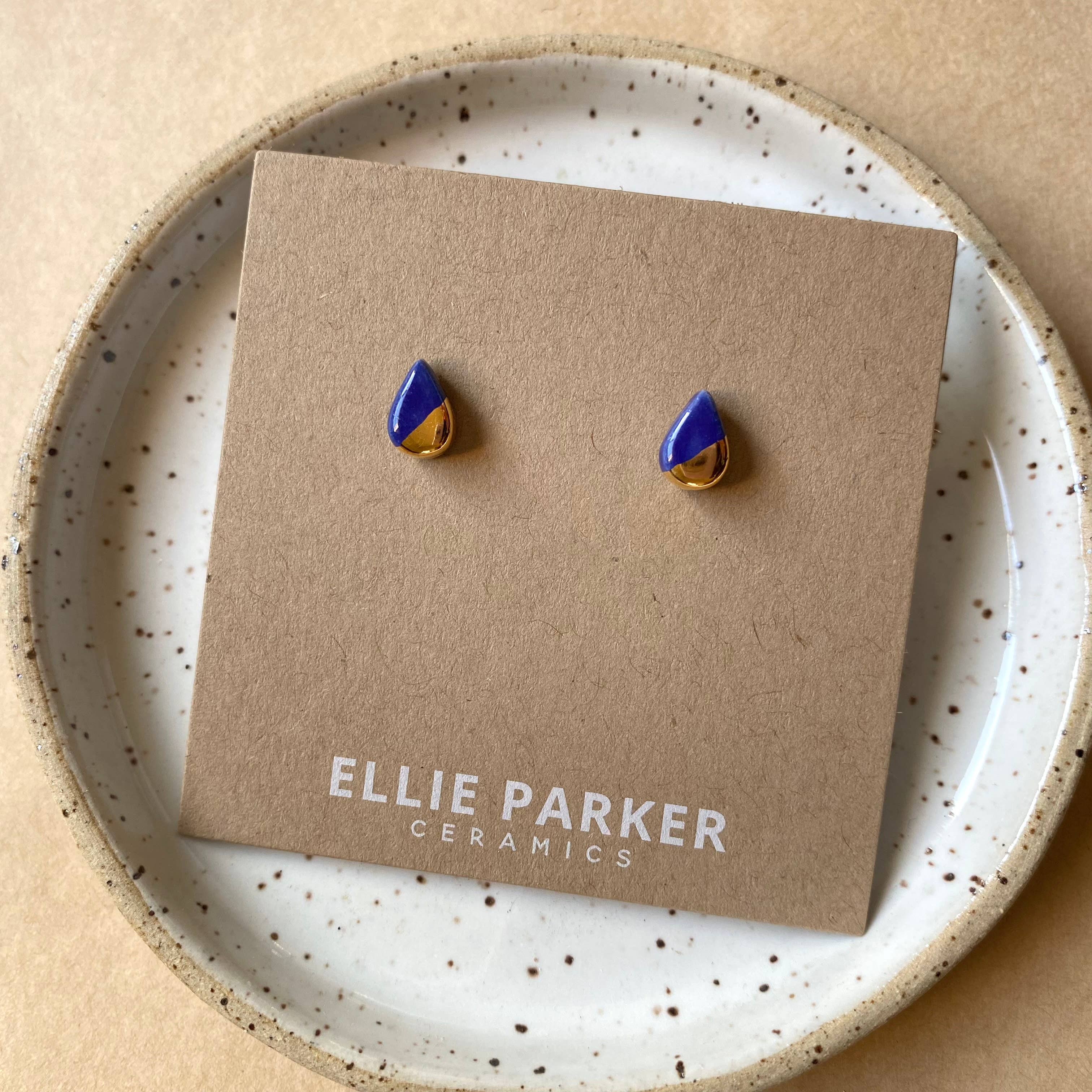 Navy Blue Ceramic Teardrop Gold Accent Stud Earring - Out of the Blue