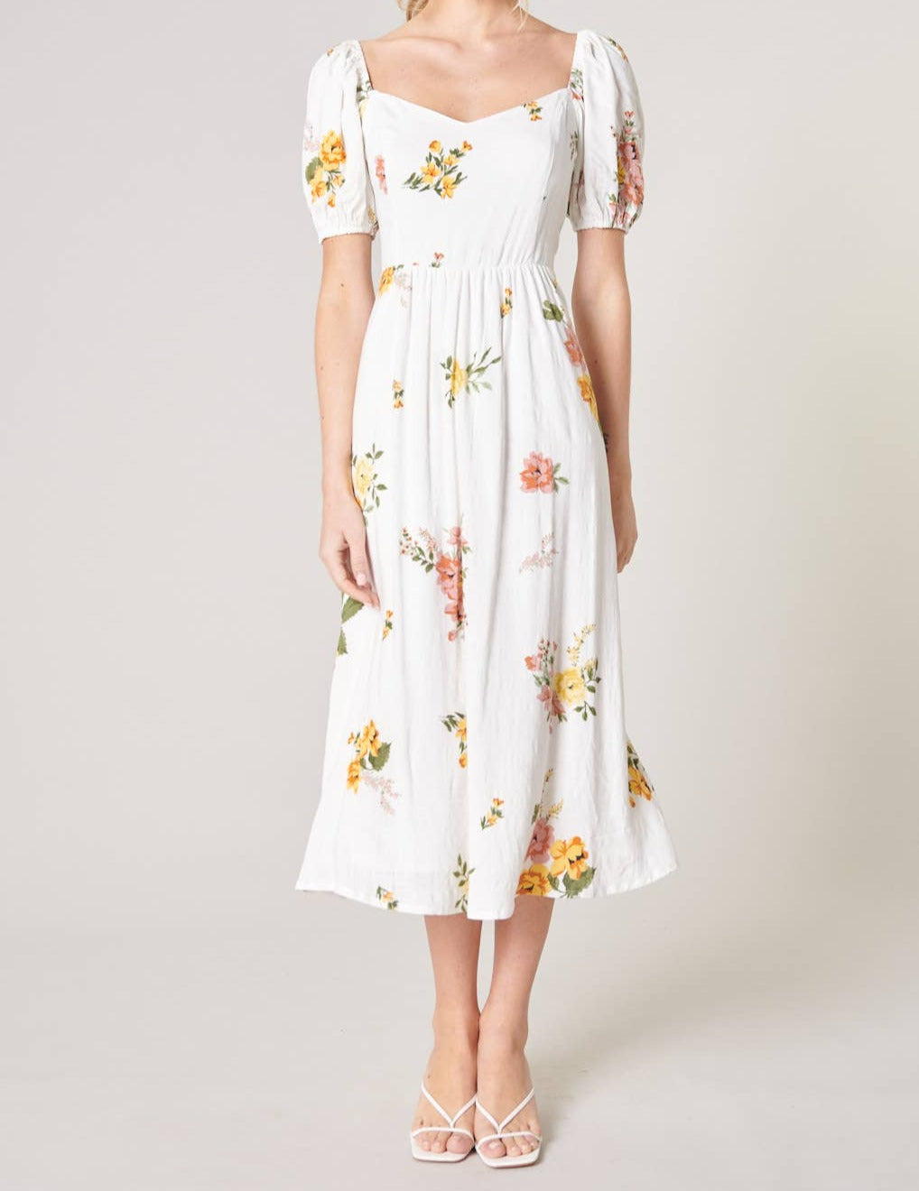 Priya Floral Alessi Puff Sleeve Midi Dress: GREEN-PINK-CORAL / XS - Out of the Blue